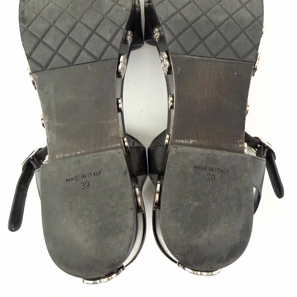 CHANEL | Camellia Logo Wood Platform Clog Sandals Black Calfskin Ankle Strap 39 - Picture 13 of 13